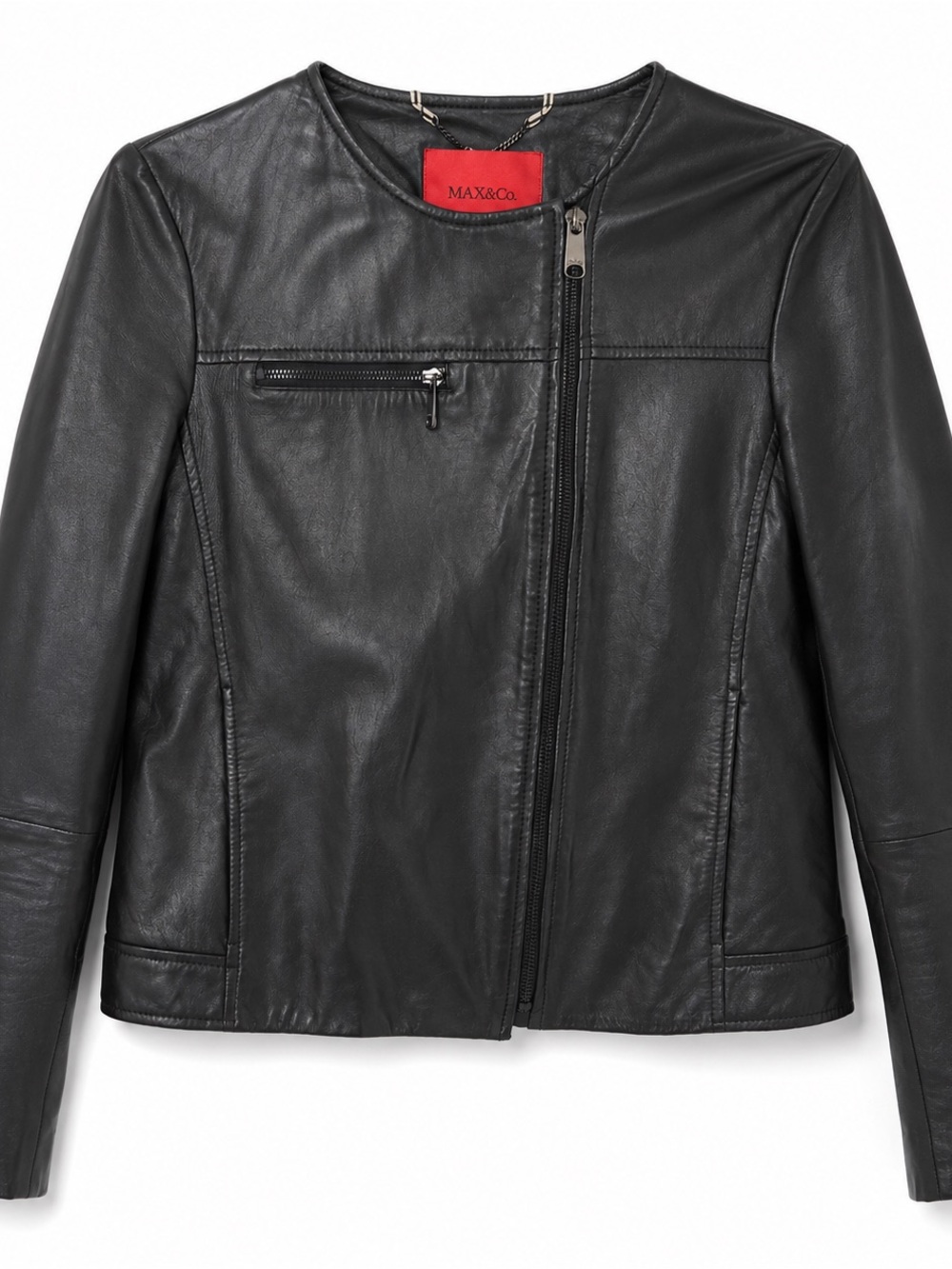 Max & Co. Black Leather Asymmetrical Zip Jacket